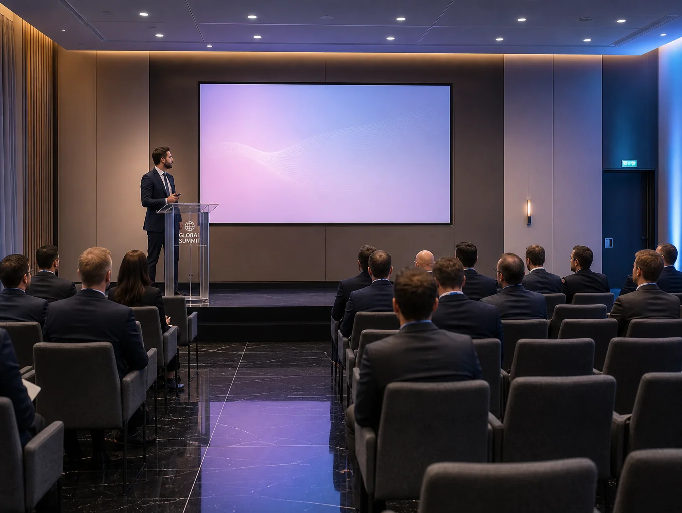International technology conference hall with keynote presentation display and audience